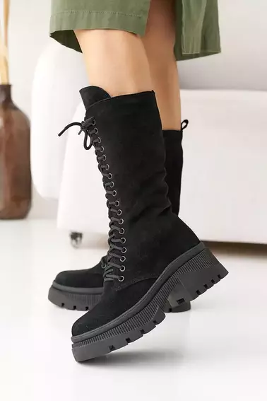 Женские ботинки замшевые зимние черные Marsela 206 высокие фото 1 — интернет-магазин Tapok