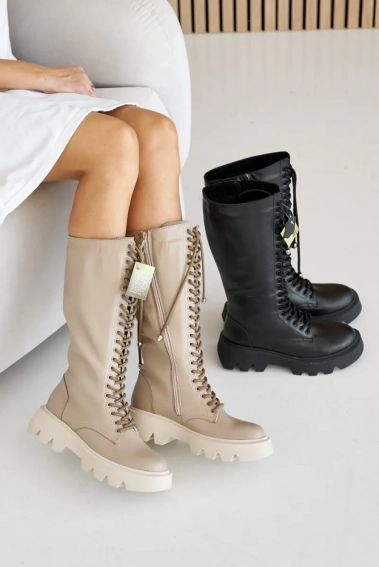 Женские ботинки кожаные зимние бежевые Caiman М20 высокие фото 2 — интернет-магазин Tapok