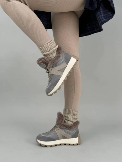 Кроссовки женские кожаные серые с вставками замши зимние фото 2 — интернет-магазин Tapok