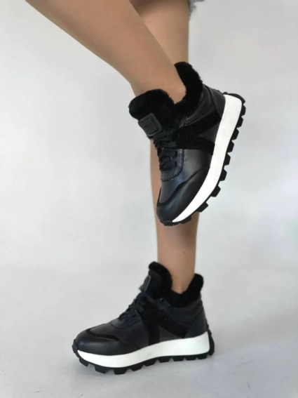 Кросівки жіночі шкіряні чорні із вставками замші зимові фото 2 — інтернет-магазин Tapok