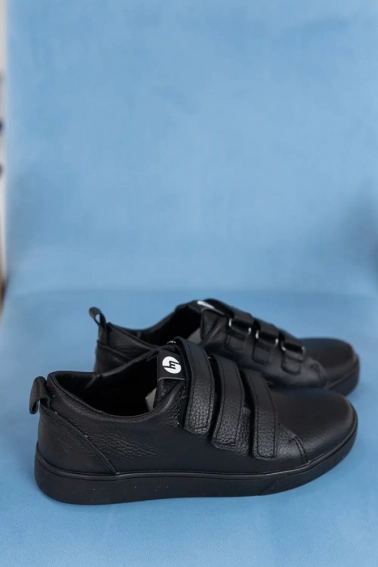 Подростковые кеды кожаные весенне-осенние черные Monster Софт липучка черная подошва фото 10 — интернет-магазин Tapok