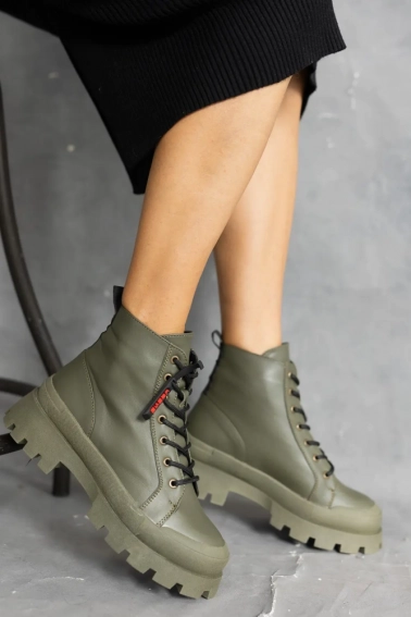Женские ботинки кожаные весенне-осенние хаки OLLI К-2-200 байка фото 3 — интернет-магазин Tapok