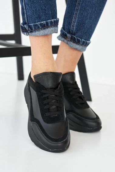 Женские кроссовки кожаные весенне-осенние черные Yuves 187 фото 2 — интернет-магазин Tapok
