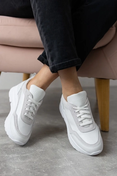 Жіночі кросівки шкіряні весняно-осінні білі-сірі Yuves 187 фото 2 — інтернет-магазин Tapok