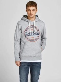 Толстовка JJBRAT SWEAT HOOD 12201406-Light Grey Melange-Print:Navy Blazer. Tru Jack&Jones L Сірий 12201406-Light Grey Melan