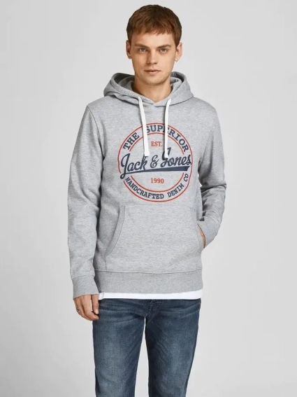 Толстовка JJBRAT SWEAT HOOD 12201406-Light Grey Melange-Print:Navy Blazer. Tru Jack&Jones L Сірий 12201406-Light Grey Melan фото 1 — інтернет-магазин Tapok
