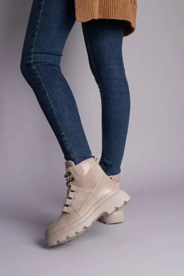 Ботинки женские замша и кожа бежевые на шнурках зимние фото 2 — интернет-магазин Tapok