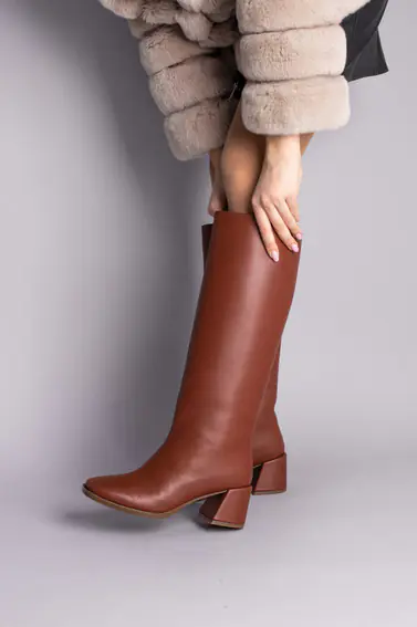 Чоботи жіночі шкіряні коричневі каблук 5 см зимові фото 2 — інтернет-магазин Tapok