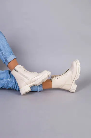 Черевики жіночі шкіряні молочного кольору на шнурках і з замком фото 7 — інтернет-магазин Tapok