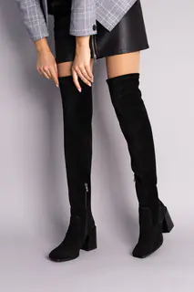 Сапоги-чулки женские замшевые черные на каблуке