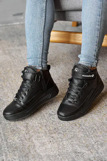 Подростковые ботинки кожаные зимние черные Monster BAS на шнурках фото 1 — интернет-магазин Tapok