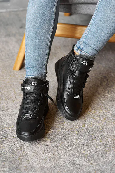 Подростковые ботинки кожаные зимние черные Monster BAS на шнурках фото 2 — интернет-магазин Tapok