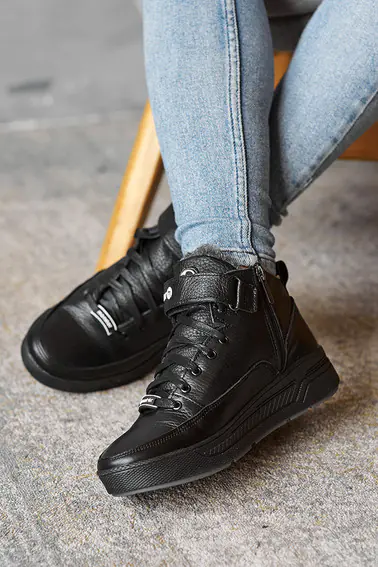 Подростковые ботинки кожаные зимние черные Monster BAS на шнурках фото 3 — интернет-магазин Tapok