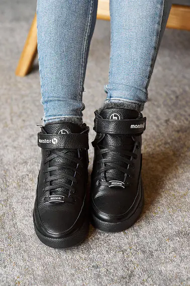 Підліткові черевики шкіряні зимові чорні Monster BAS на шнурках фото 4 — інтернет-магазин Tapok