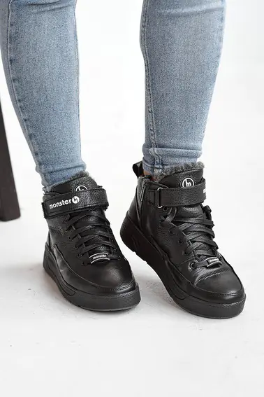 Подростковые ботинки кожаные зимние черные Monster BAS на шнурках фото 6 — интернет-магазин Tapok