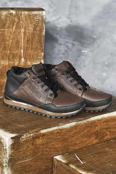 Мужские кроссовки кожаные зимние черные-коричневые Emirro 100 на меху фото 3 — интернет-магазин Tapok