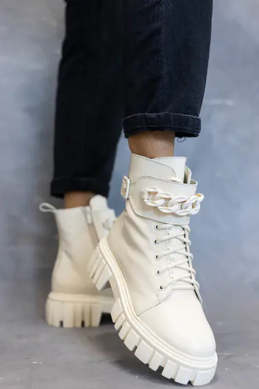 Женские ботинки кожаные зимние молочные Emirro Б 67 на меху фото 6 — интернет-магазин Tapok