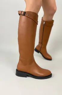 Сапоги женские кожаные коричневого цвета с ремешком без каблука зимние