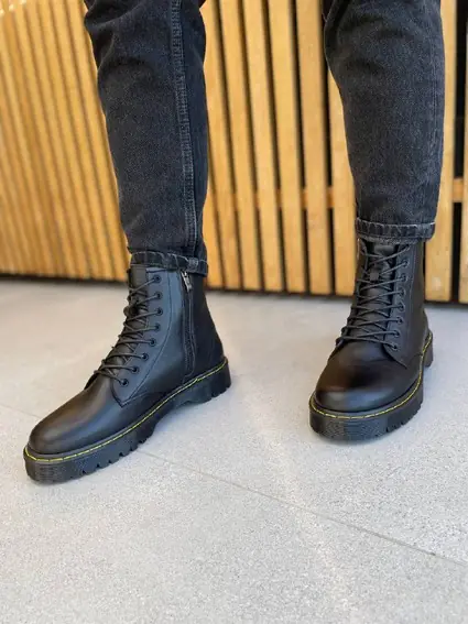 Ботинки мужские кожаные черного цвета с желтой строчкой зимние фото 3 — интернет-магазин Tapok