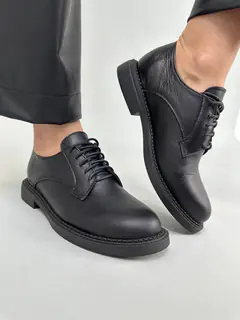 Туфли женские кожаные черные на шнурках низкий ход