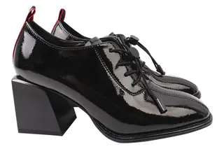 Туфли женские из натуральной лаковой кожи на каблуке на шнуровке Черные Farinni 139-21DT