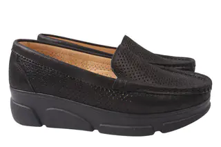 Туфлі жіночі з натуральної шкіри сатин на низькому ходу Чорні Guero 401-21LTC