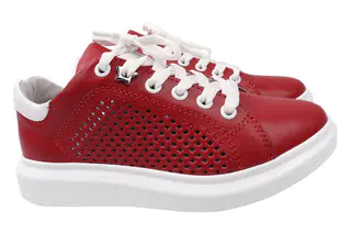 Кеди жіночі з натуральної шкіри на низькому ходу на шнурівці колір Червоний Maxus shoes 74-21LTCP