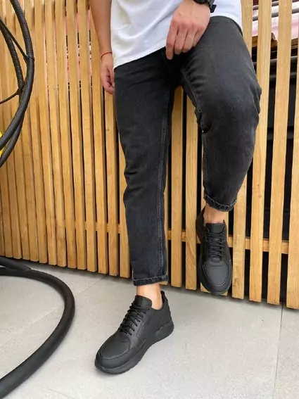 Кроссовки мужские кожаные черные матовые на черной подошве фото 4 — интернет-магазин Tapok