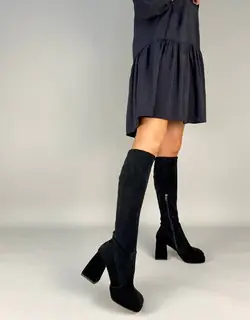 Сапоги-чулки женские замшевые черные на каблуках демисезонные
