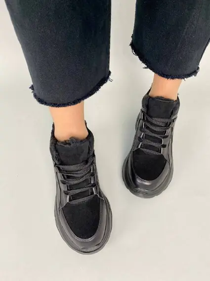Кросівки жіночі шкіра флотар чорні із вставкою замші зимові фото 5 — інтернет-магазин Tapok