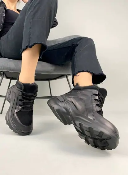 Кросівки жіночі шкіра флотар чорні із вставкою замші зимові фото 9 — інтернет-магазин Tapok
