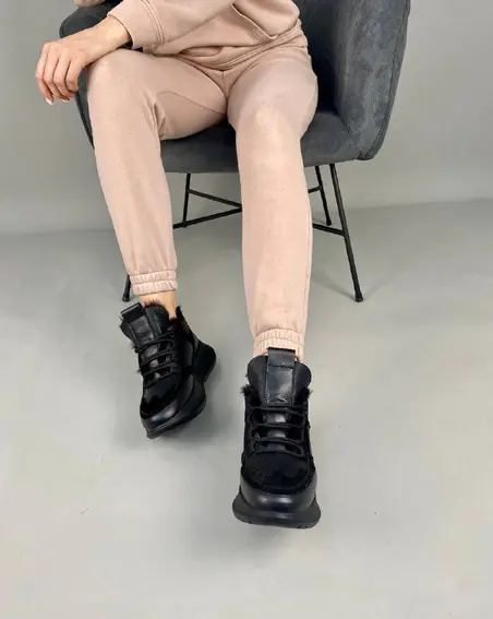 Кросівки жіночі шкіряні чорні із вставками замші зимові фото 7 — інтернет-магазин Tapok
