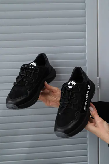 Підліткові кросівки шкіряні весняно-осінні чорні Monster ХАН чорна підошва фото 2 — інтернет-магазин Tapok