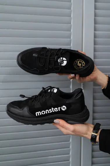 Підліткові кросівки шкіряні весняно-осінні чорні Monster ХАН чорна підошва фото 3 — інтернет-магазин Tapok