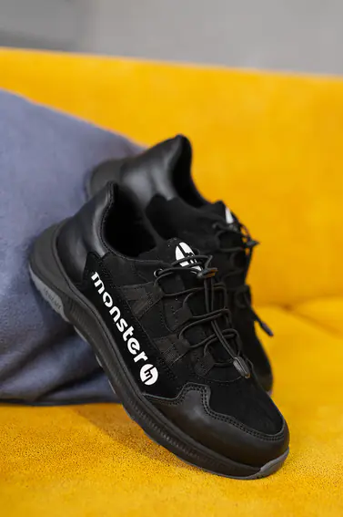 Підліткові кросівки шкіряні весняно-осінні чорні Monster ХАН чорна підошва фото 4 — інтернет-магазин Tapok