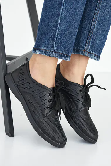 Женские туфли кожаные летние черные Ydg 21257/1 перфорация на шнурках фото 6 — интернет-магазин Tapok