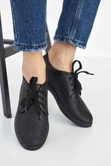 Женские туфли кожаные летние черные Ydg 21257/1 перфорация на шнурках фото 7 — интернет-магазин Tapok