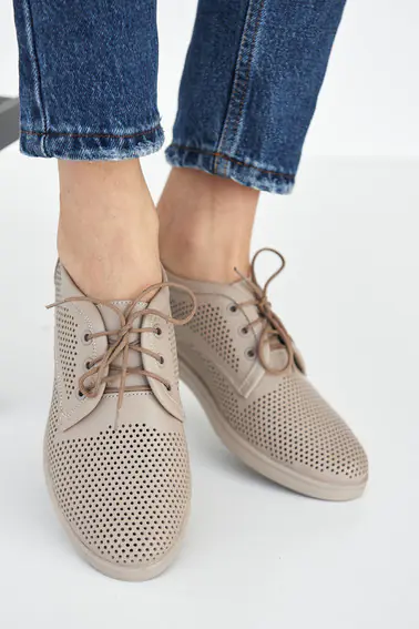 Жіночі туфлі шкіряні літні бежеві Ydg 21257/125 перфорація на шнурках фото 5 — інтернет-магазин Tapok