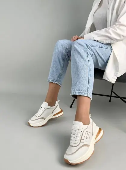 Кроссовки женские кожаные белые с серыми вставками фото 5 — интернет-магазин Tapok