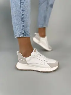 Кросівки жіночі шкіряні білі із вставками сірої замші
