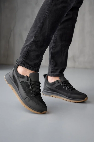 Мужские кроссовки кожаные весенне-осенние черные Yuves 244 фото 1 — интернет-магазин Tapok