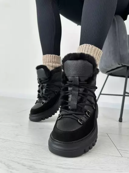 Ботинки женские кожа флотар черного цвета с вставкой замши зимние фото 3 — интернет-магазин Tapok